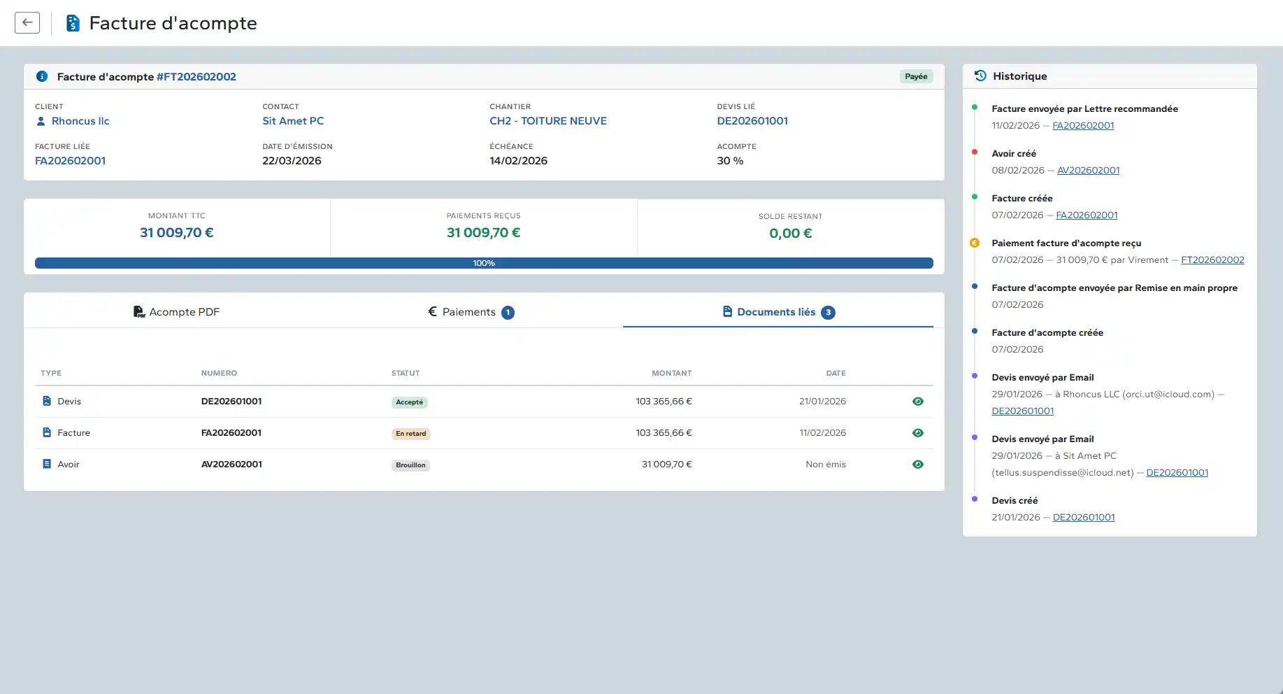 Facture d'acompte documents