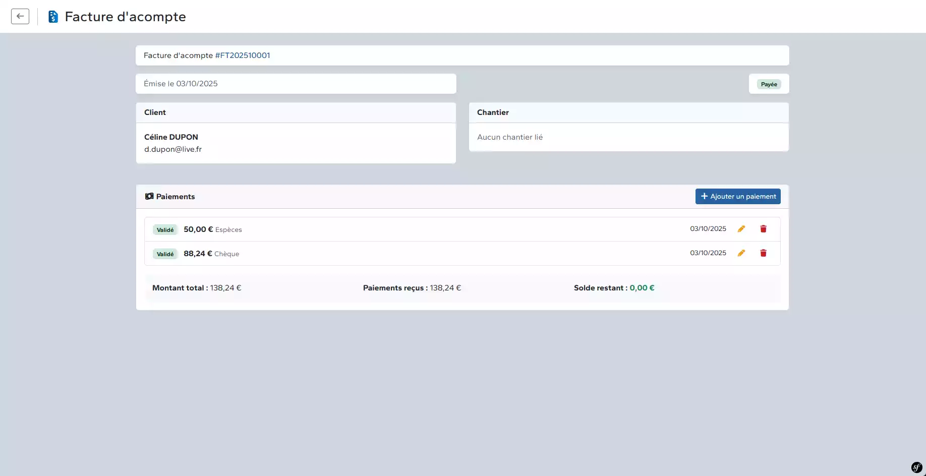 Paiements acompte