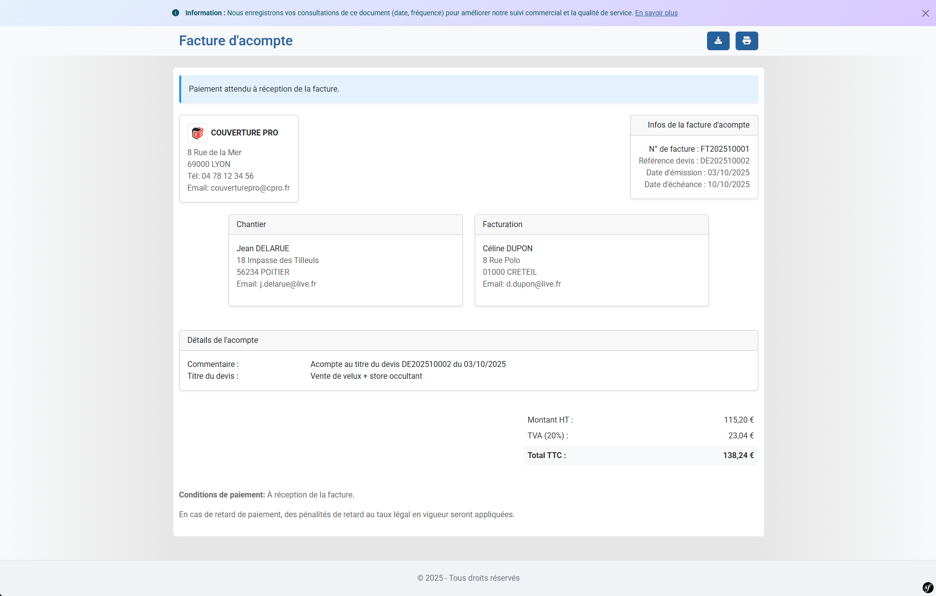 Portail client acompte